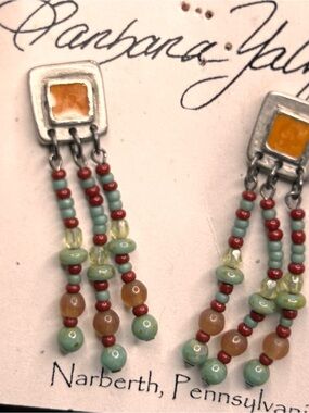 Silver w/jade and coral Beaded Dangle Earrings